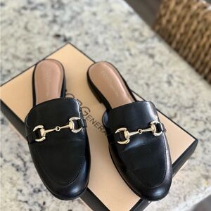 BCBG GENERATION Black Leather Mules with Gold Detail